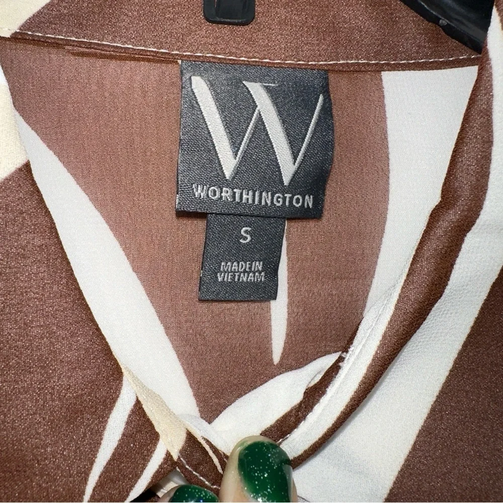 Worthington Top Women's Small Cream and Brown Spin Geo Pieced Blouse NEW